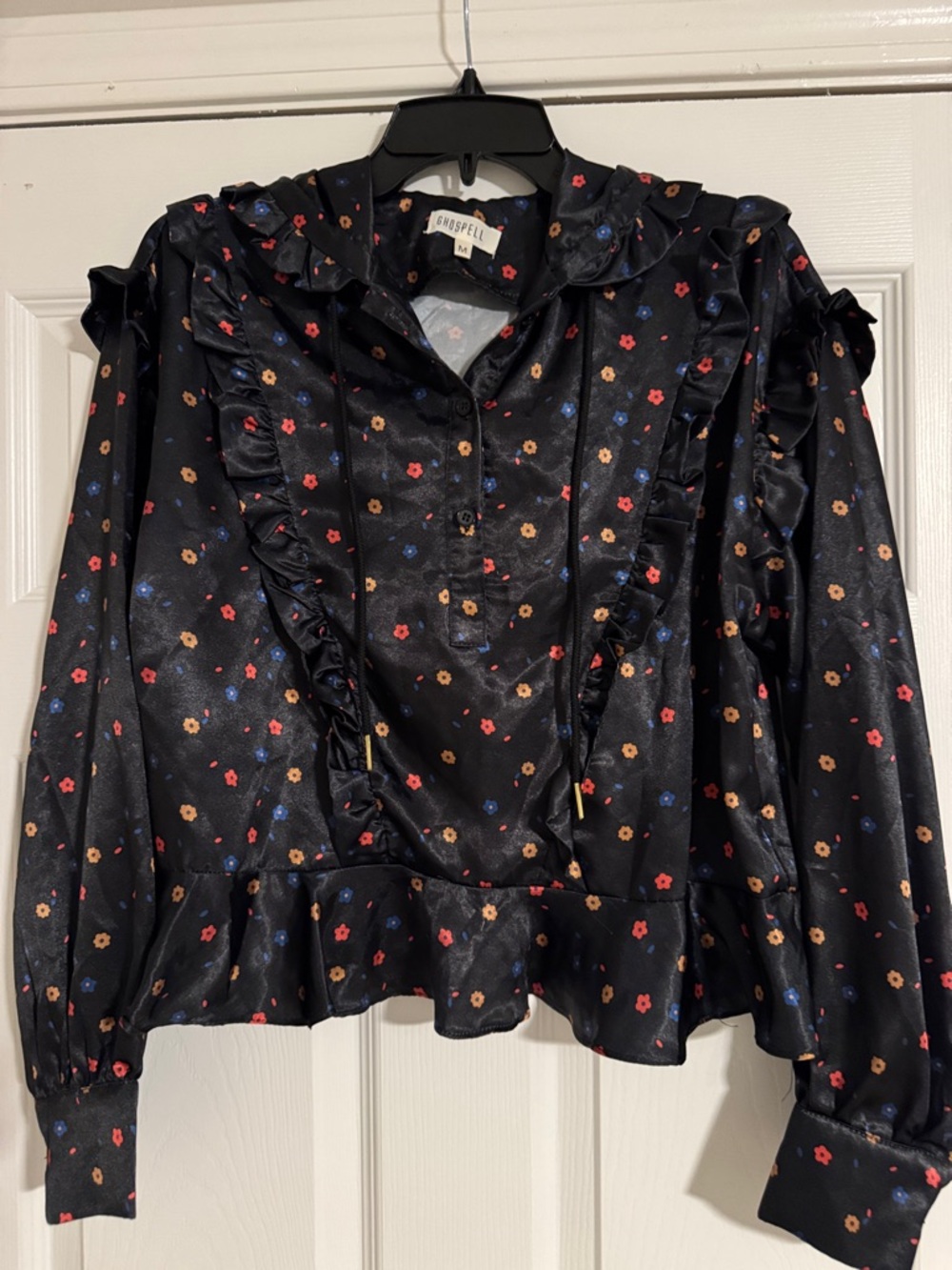 Spell Black Satin Floral Ruffle Blouse